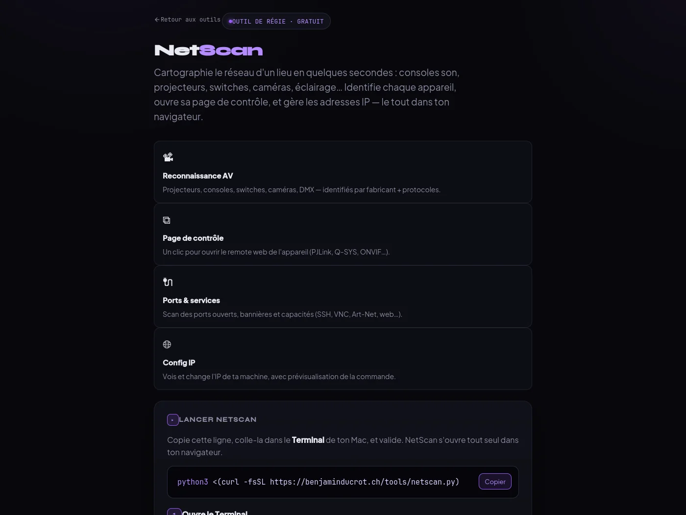 Page de l'outil NetScan : cartographie réseau pour la régie, reconnaissance AV, page de contrôle, scan de ports, configuration IP, avec la commande Terminal à copier.