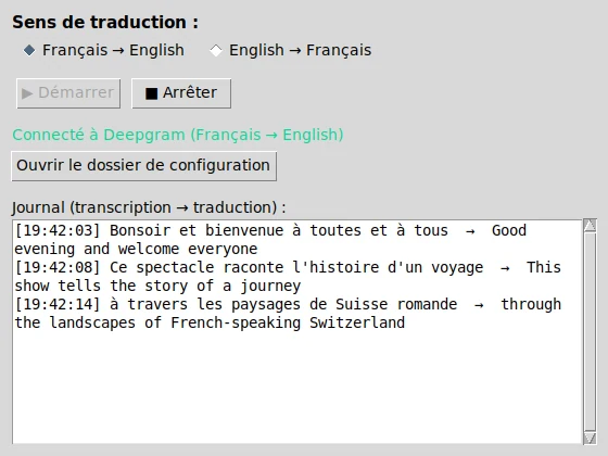 Interface du traducteur live pour QLab : sélection du sens de traduction Français/English, statut de connexion à Deepgram, et journal affichant la transcription en direct traduite en anglais.