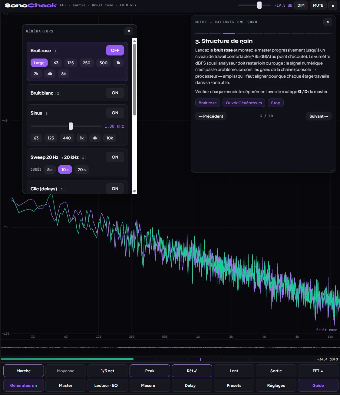 Interface de SonoCheck : analyseur RTA avec générateurs de signaux, mesures et lecteur de fichier avec égaliseur paramétrique.